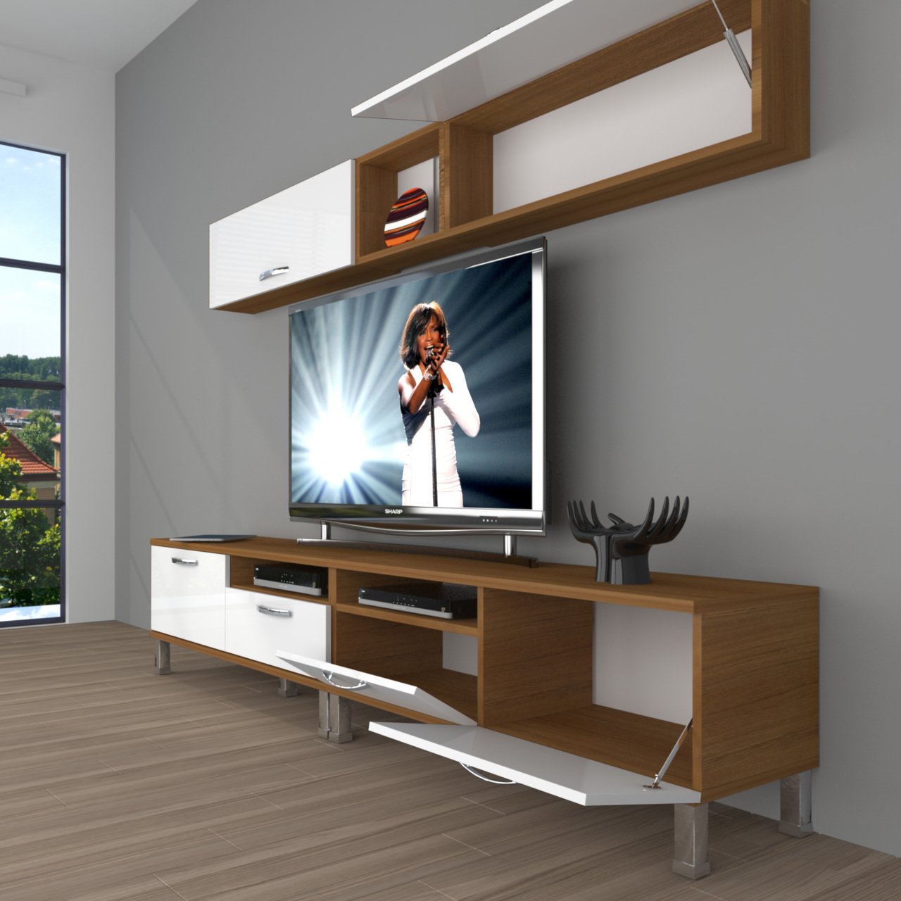 Decoraktiv Eko 5200 Slm Krom Ayaklı Tv Ünitesi Tv Sehpası Ceviz - Beyaz