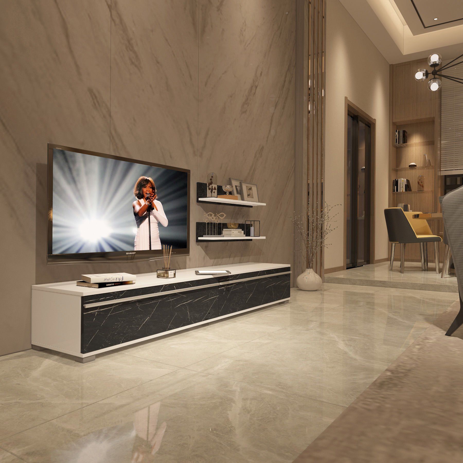 Decoraktiv Eko 4 Mdf Std Tv Ünitesi Tv Sehpası Beyaz - Siyah Mermer