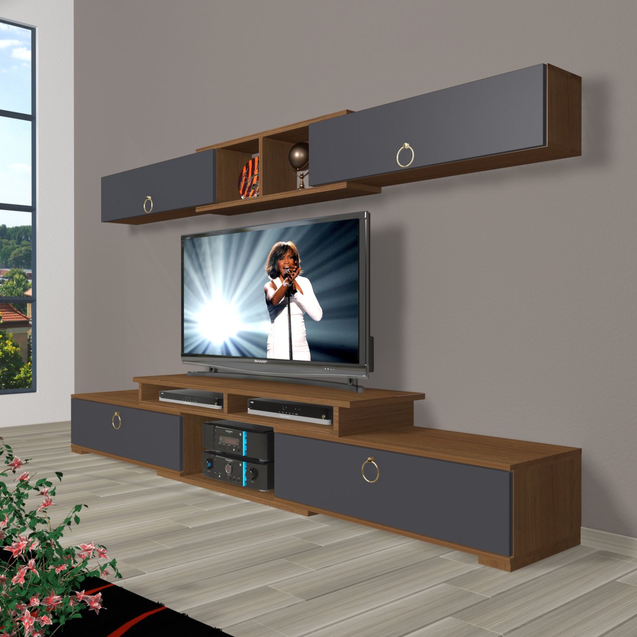 Decoraktiv Flex 5130 Mdf Gold Tv Ünitesi Tv Sehpası Ceviz - Antrasit