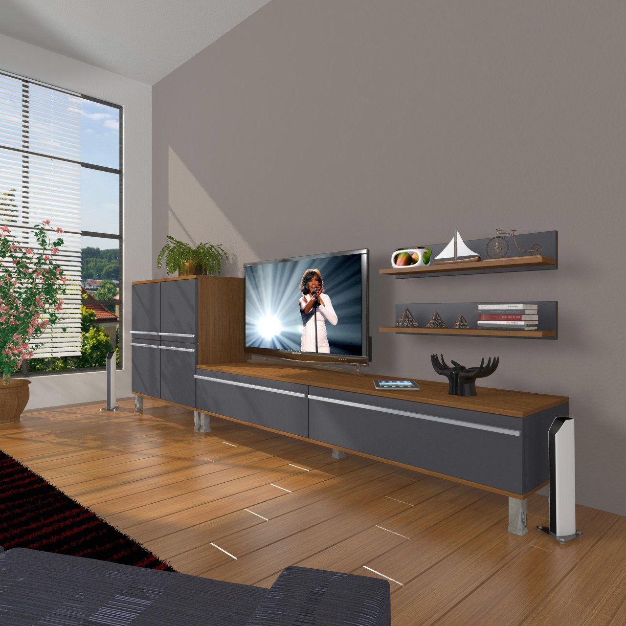 Decoraktiv Eko On Mdf Std Krom Ayaklı Tv Ünitesi Tv Sehpası Ceviz - Antrasit