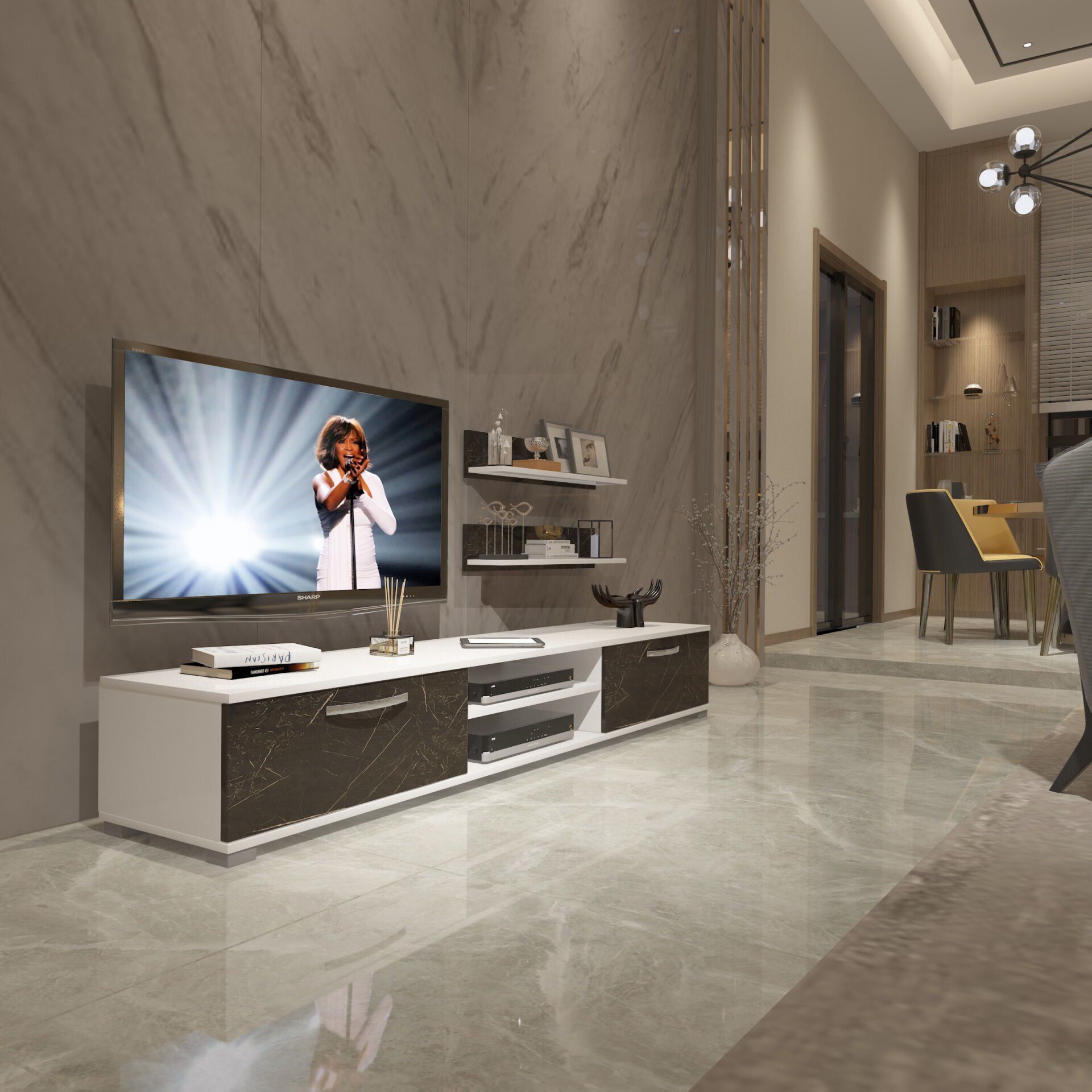 Decoraktiv Eko 4 Mdf Dvd Tv Ünitesi Tv Sehpası Beyaz - Siyah Mermer