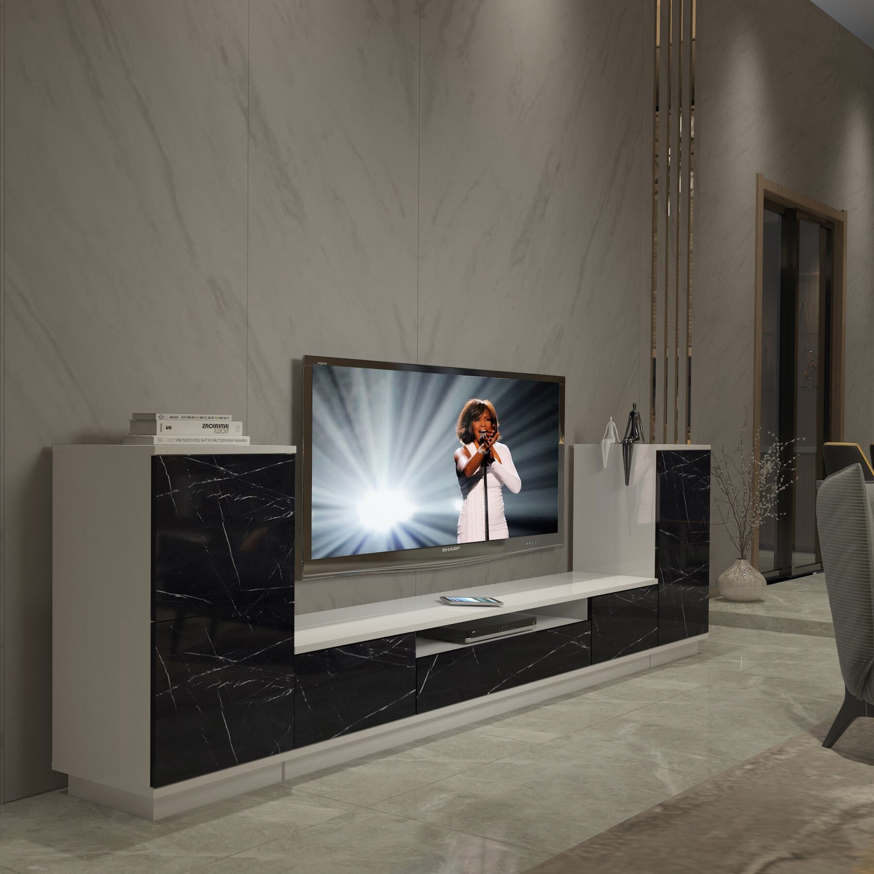 Decoraktiv Trendstyle On2s Mdf Tv Ünitesi Tv Sehpası Beyaz - Siyah Mermer