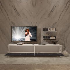 Decoraktiv Eko 4 Mdf Std Krom Ayaklı Tv Ünitesi Tv Sehpası Beyaz - Siyah Mermer