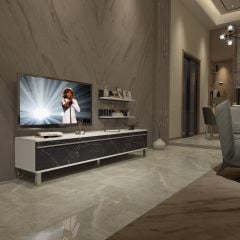 Decoraktiv Eko 4 Mdf Std Krom Ayaklı Tv Ünitesi Tv Sehpası Beyaz - Siyah Mermer