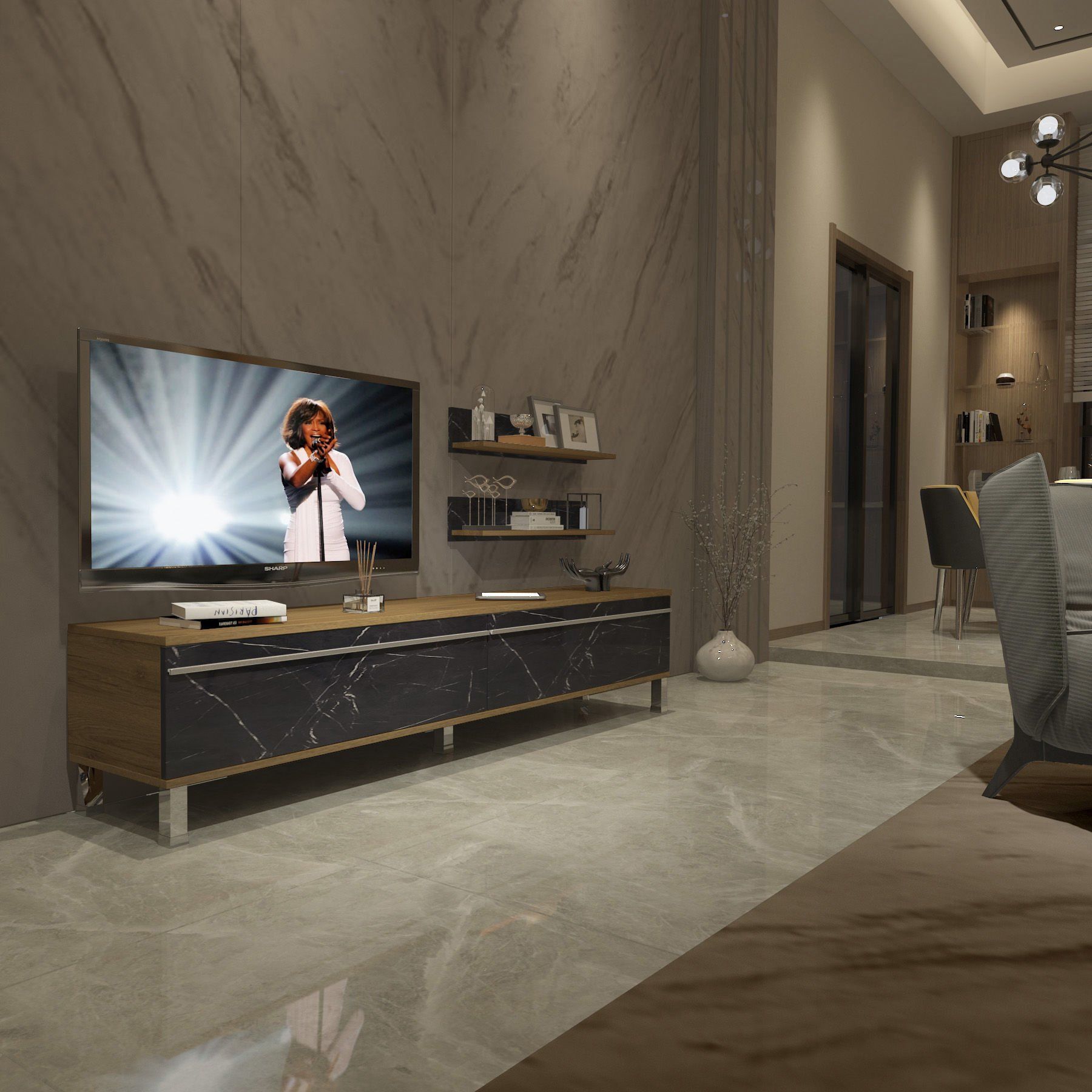 Decoraktiv Eko 4 Mdf Std Krom Ayaklı Tv Ünitesi Tv Sehpası Pera - Siyah Mermer
