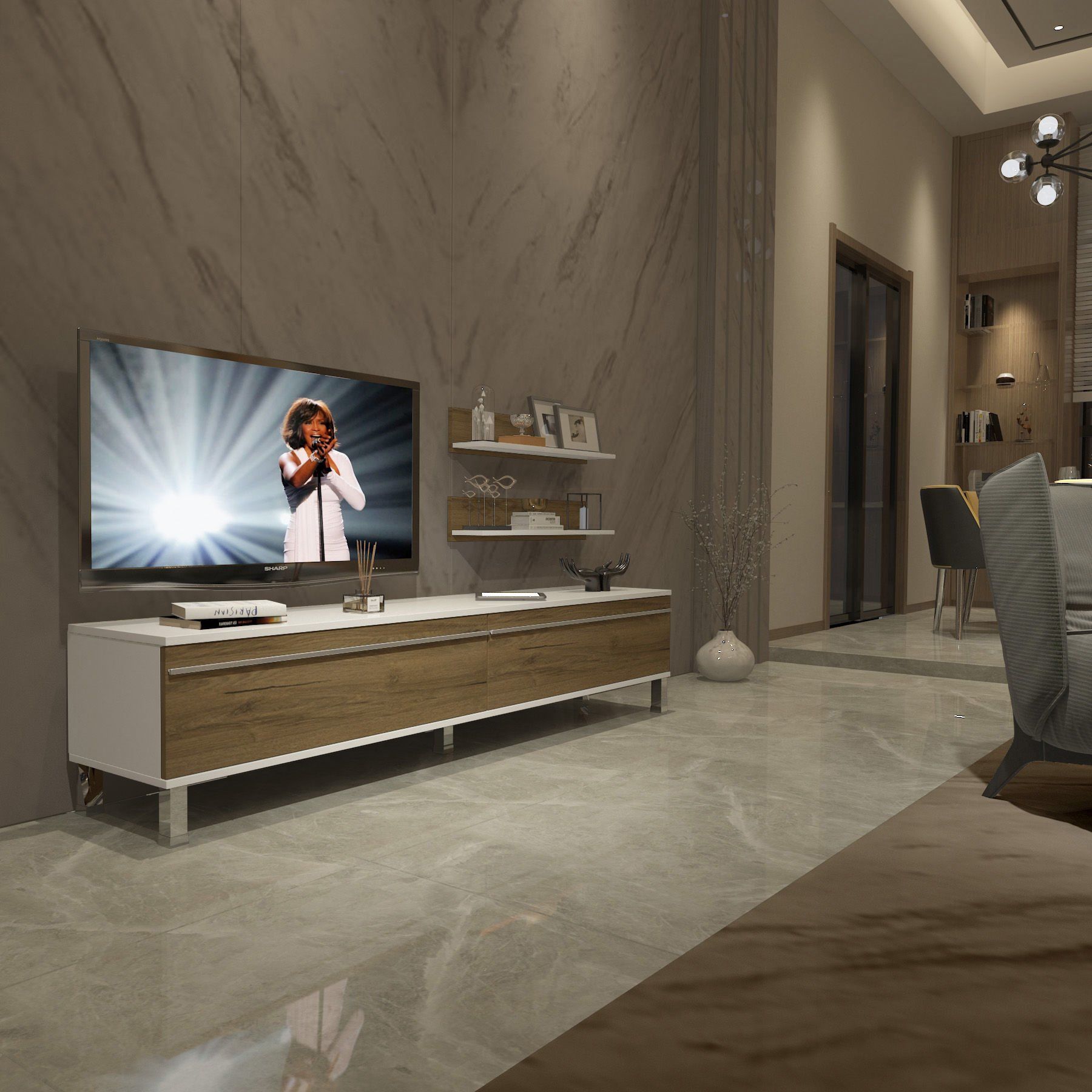 Decoraktiv Eko 4 Mdf Std Krom Ayaklı Tv Ünitesi Tv Sehpası Beyaz - Pera