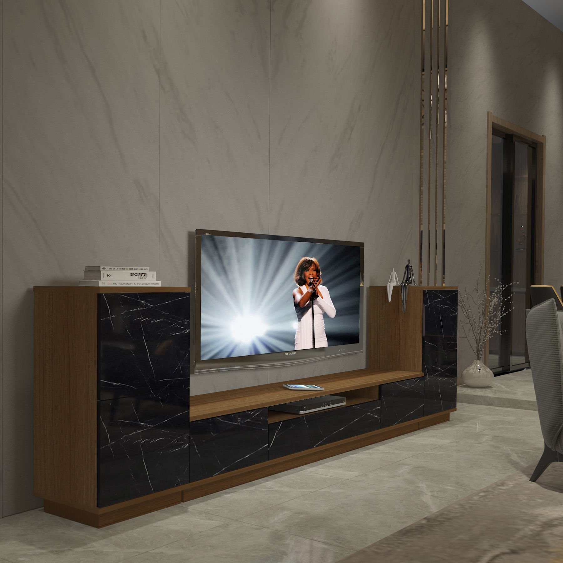 Decoraktiv Trendstyle On2s Mdf Tv Ünitesi Tv Sehpası Ceviz - Siyah Mermer