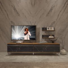 Decoraktiv Eko 4 Mdf Std Krom Ayaklı Tv Ünitesi Tv Sehpası Ceviz - Siyah Mermer
