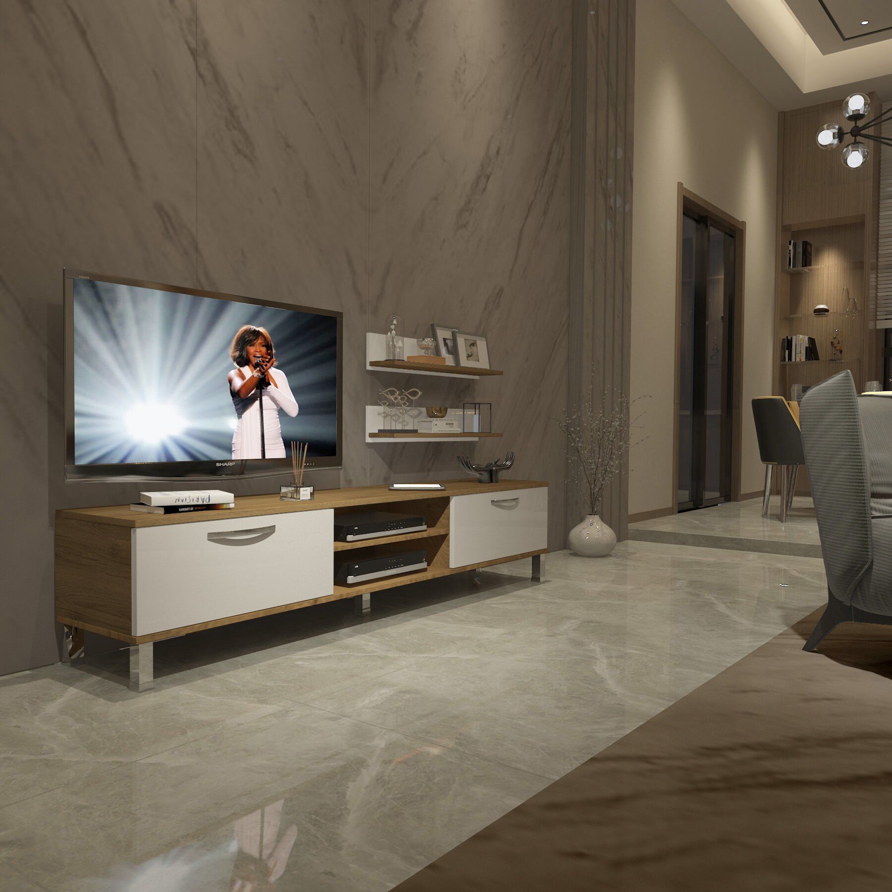 Decoraktiv Eko 4 Mdf Dvd Krom Ayaklı Tv Ünitesi Tv Sehpası Pera - Beyaz