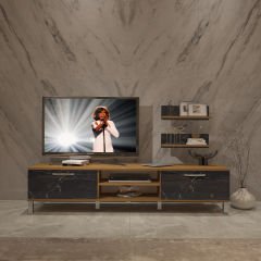 Decoraktiv Eko 4 Mdf Dvd Krom Ayaklı Tv Ünitesi Tv Sehpası Pera - Siyah Mermer