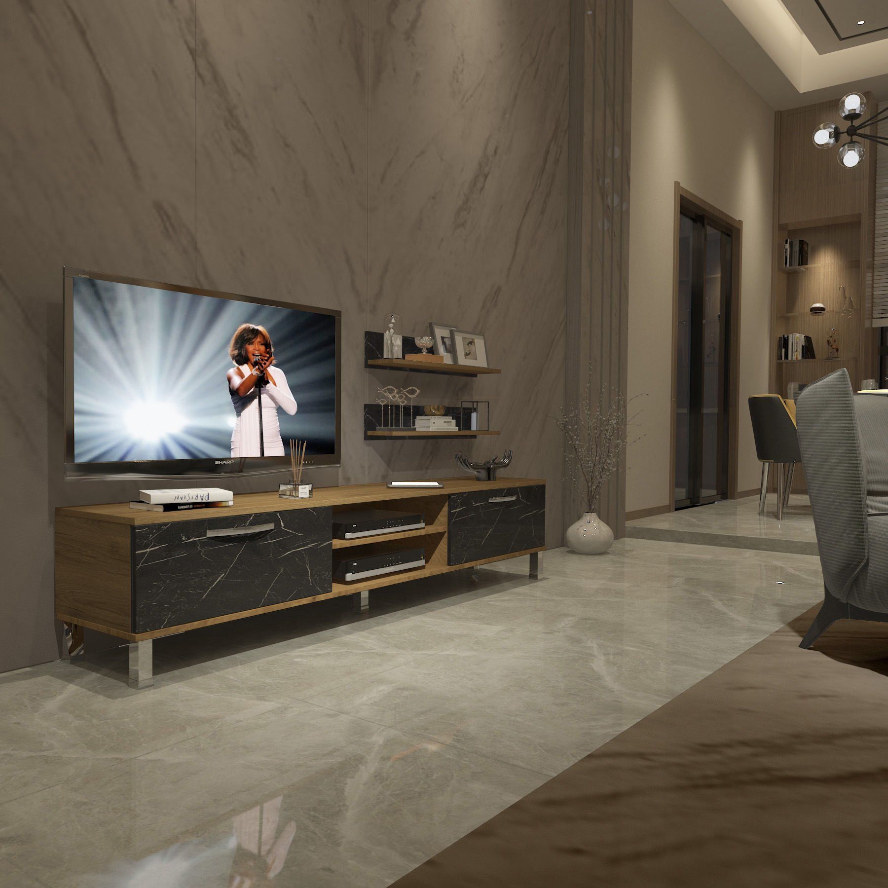 Decoraktiv Eko 4 Mdf Dvd Krom Ayaklı Tv Ünitesi Tv Sehpası Pera - Siyah Mermer