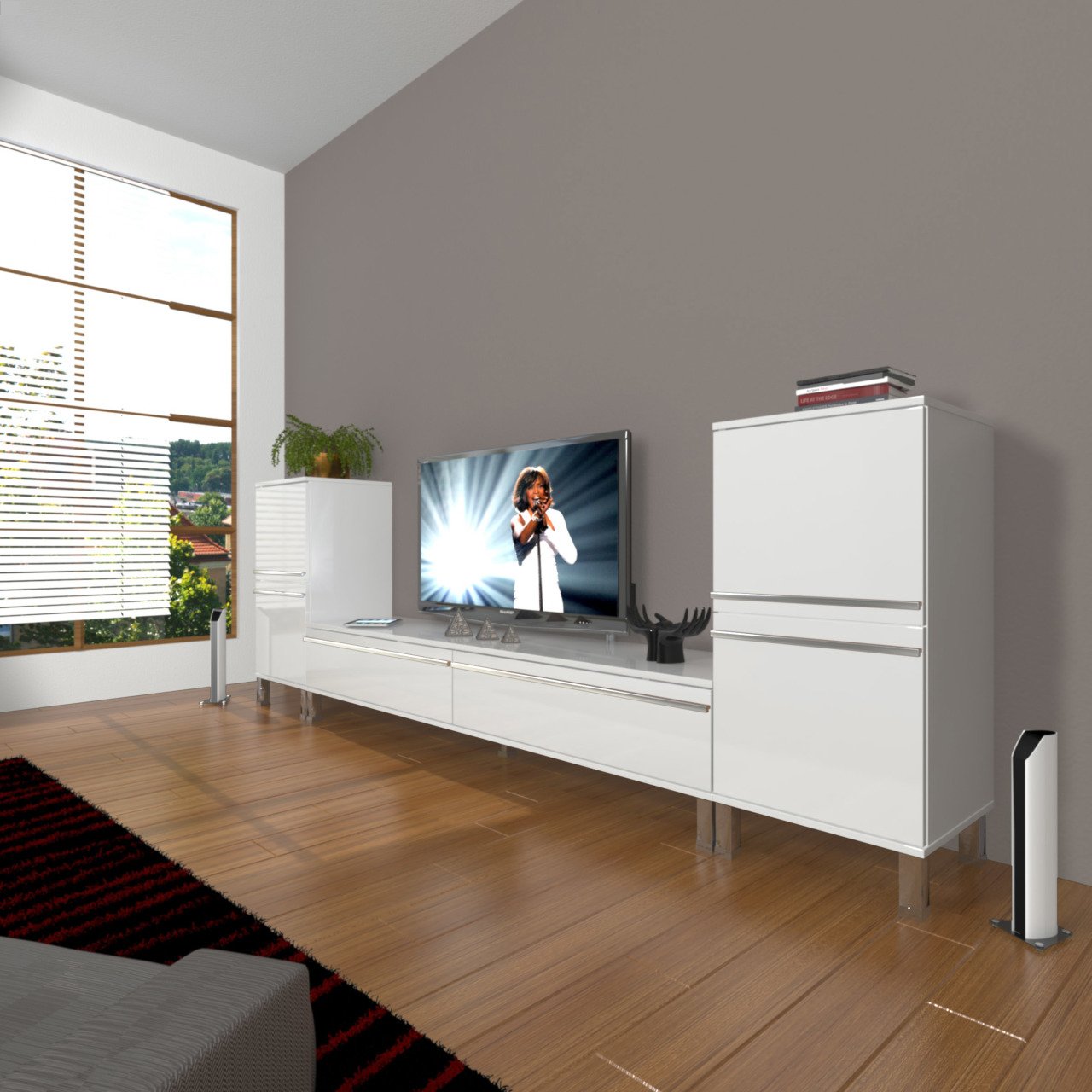 Decoraktiv Eko On2 Mdf Std Krom Ayaklı Tv Ünitesi Tv Sehpası Parlak Beyaz