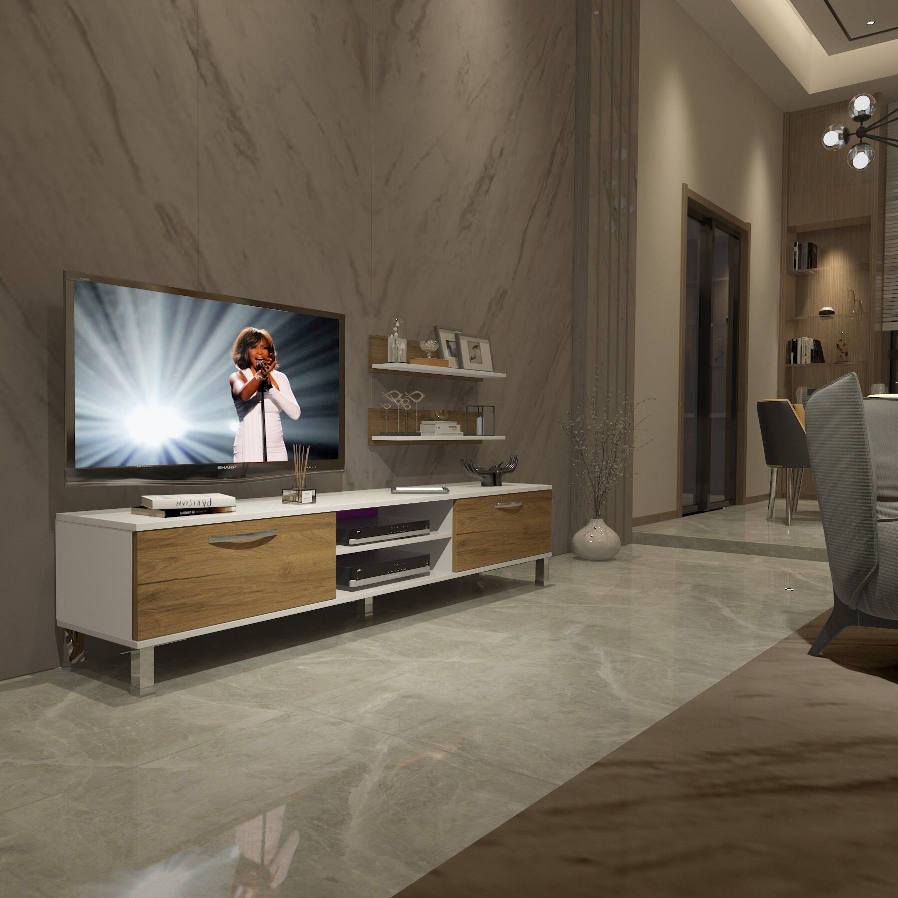 Decoraktiv Eko 4 Mdf Dvd Krom Ayaklı Tv Ünitesi Tv Sehpası Beyaz - Pera