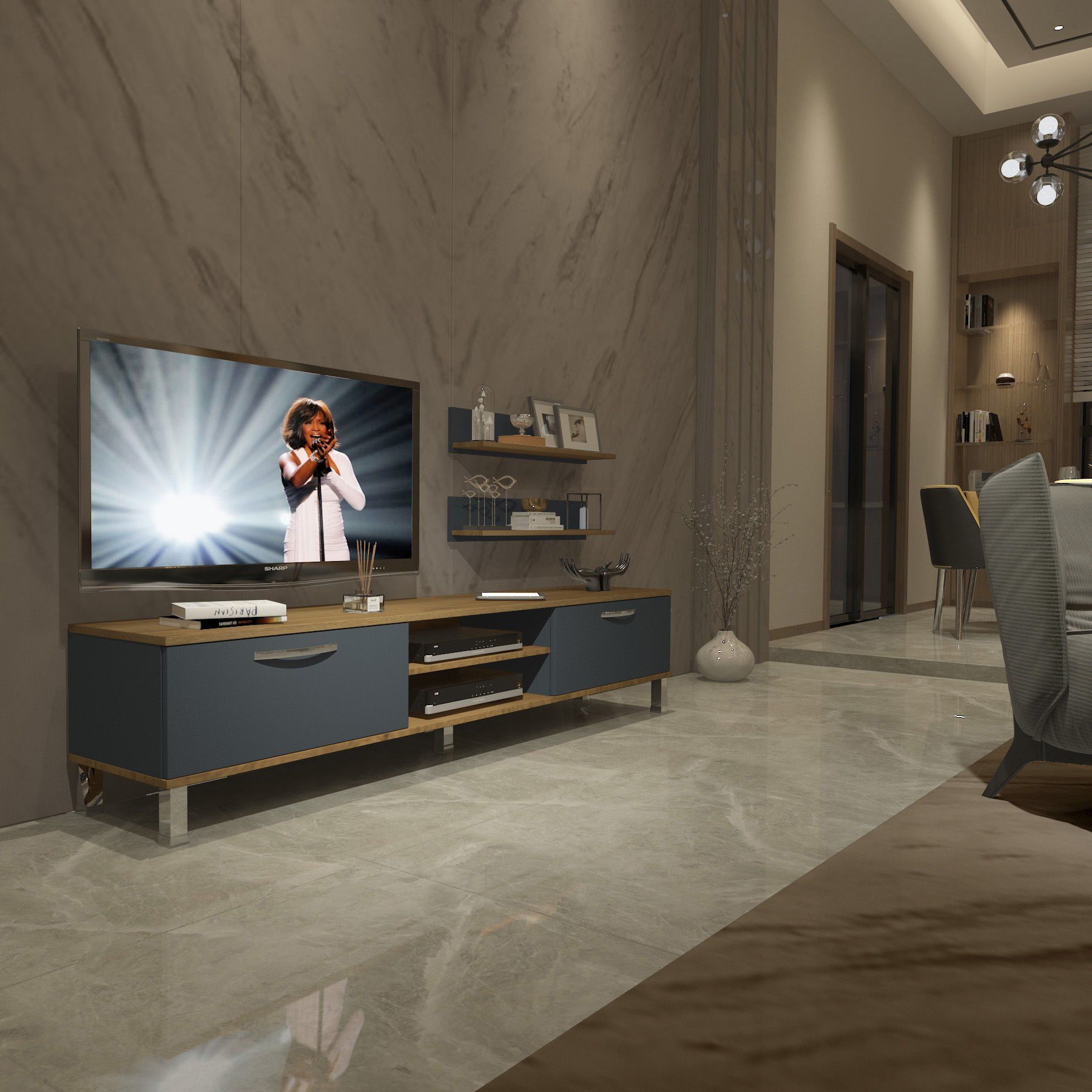 Decoraktiv Eko 4 Mdf Dvd Krom Ayaklı Tv Ünitesi Tv Sehpası Pera - Antrasit