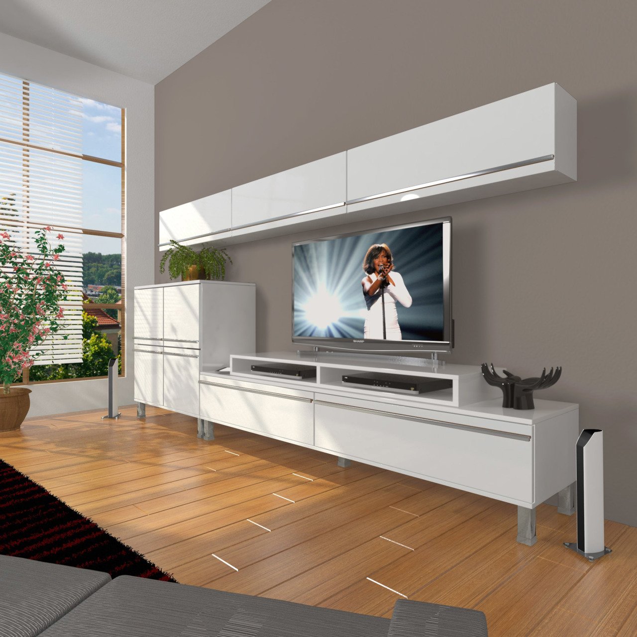Decoraktiv Ekoflex 8 Mdf Krom Ayaklı Tv Ünitesi Tv Sehpası Parlak Beyaz
