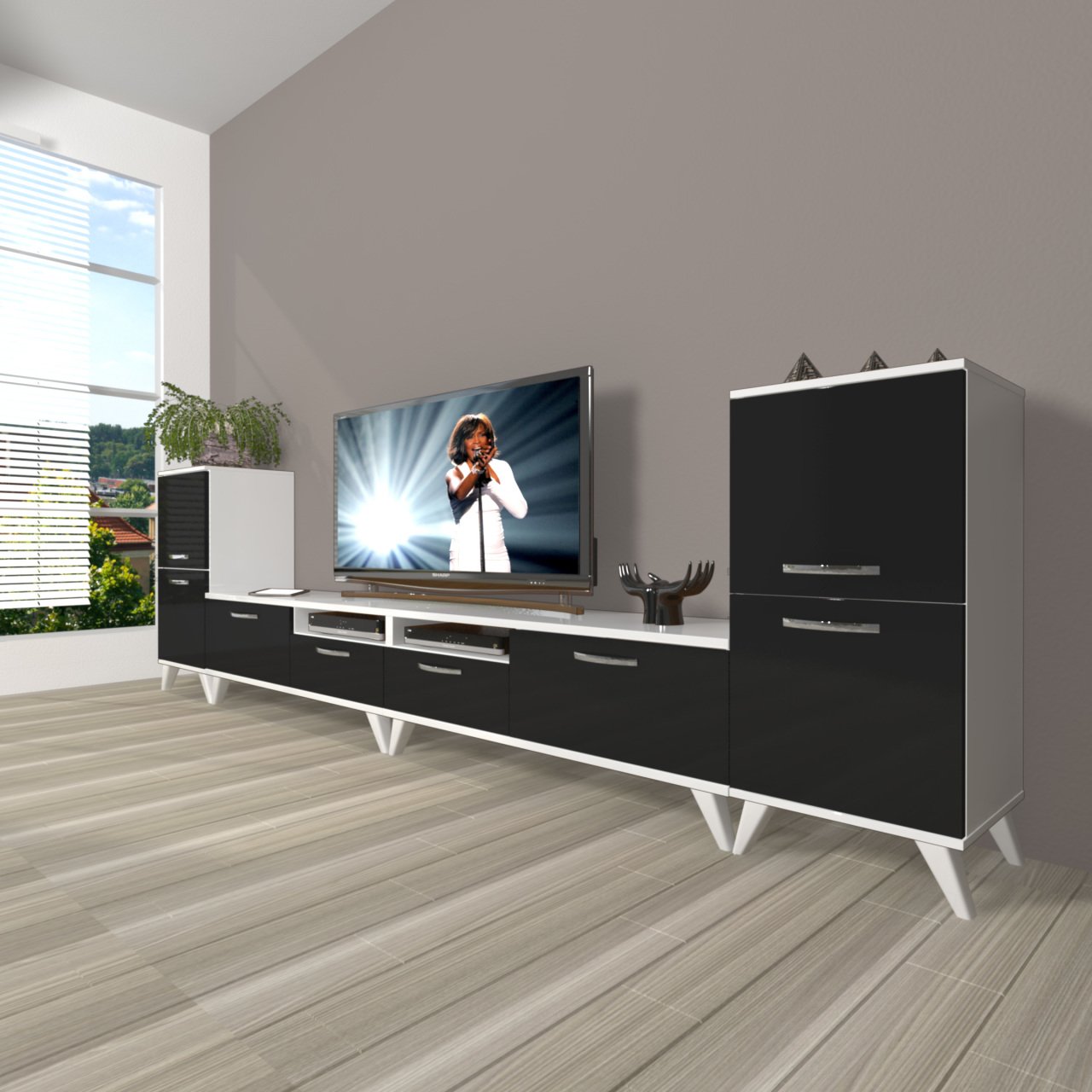 Decoraktiv Eko 9200 Slm Retro Tv Ünitesi Tv Sehpası Beyaz - Siyah