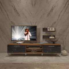 Decoraktiv Eko 4 Mdf Dvd Krom Ayaklı Tv Ünitesi Tv Sehpası Ceviz - Siyah Mermer