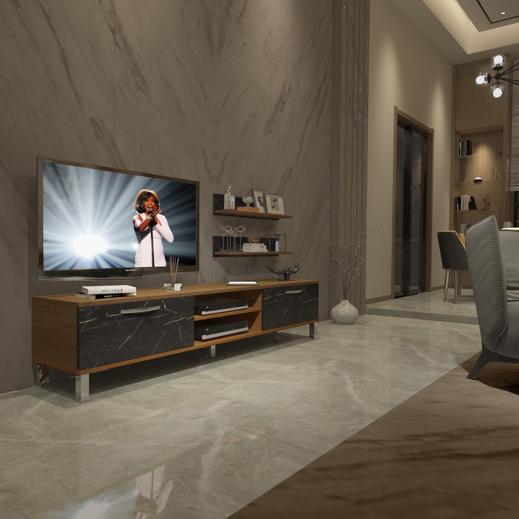Decoraktiv Eko 4 Mdf Dvd Krom Ayaklı Tv Ünitesi Tv Sehpası Ceviz - Siyah Mermer