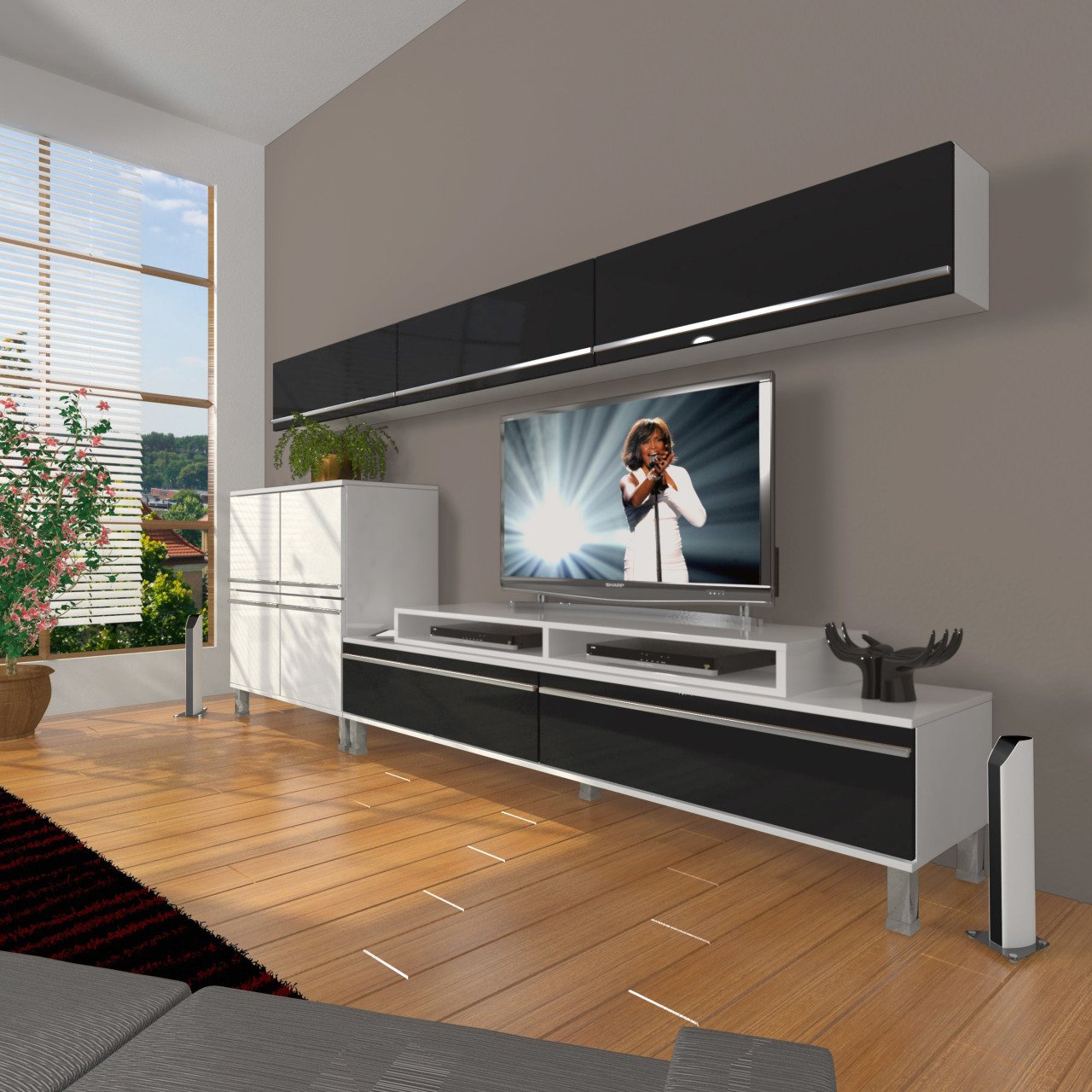 Decoraktiv Ekoflex 8 Mdf Krom Ayaklı Tv Ünitesi Tv Sehpası Beyaz - Siyah