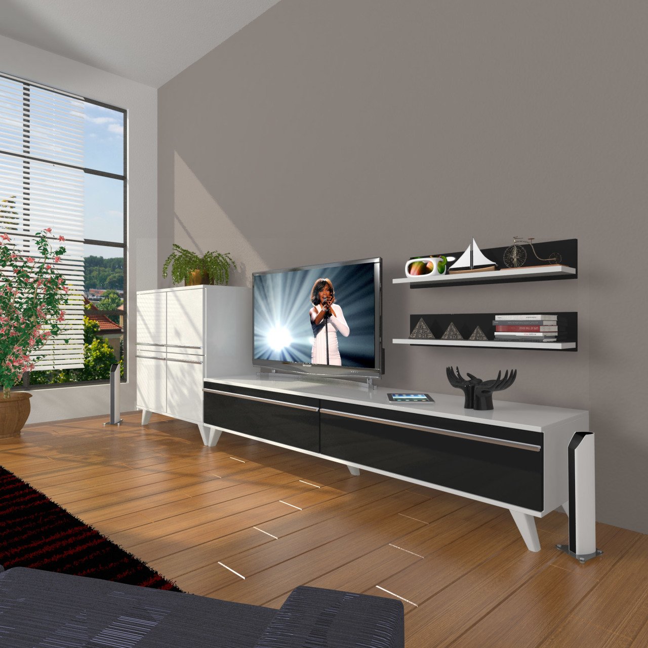 Decoraktiv Eko On Mdf Std Retro Tv Ünitesi Tv Sehpası Beyaz - Siyah