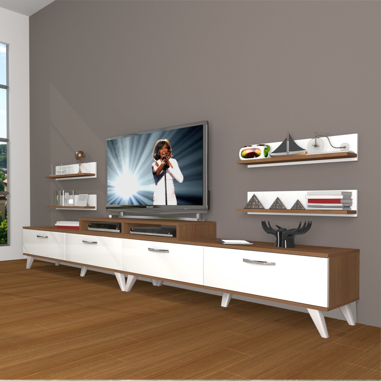Decoraktiv Ekoflex 360R Slm Retro Tv Ünitesi Tv Sehpası Ceviz - Beyaz
