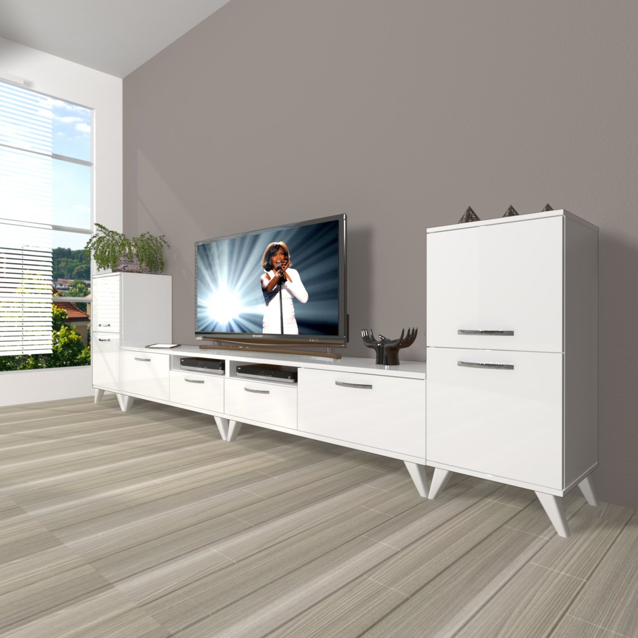Decoraktiv Eko 9200 Slm Retro Tv Ünitesi Tv Sehpası Parlak Beyaz