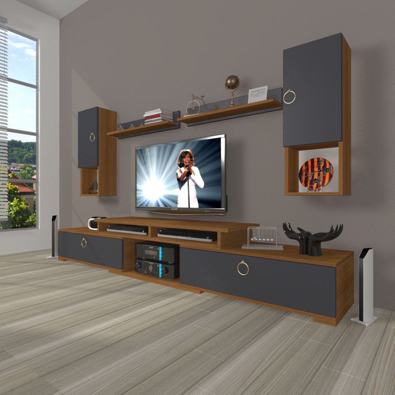 Decoraktiv Flex 5DA130 Mdf Gold Tv Ünitesi Tv Sehpası Ceviz - Antrasit