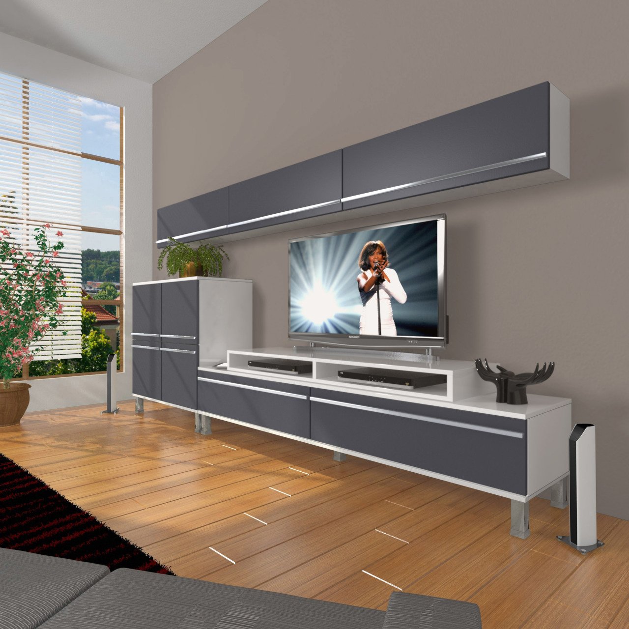Decoraktiv Ekoflex 8 Mdf Krom Ayaklı Tv Ünitesi Tv Sehpası Beyaz - Antrasit