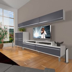 Decoraktiv Ekoflex 8 Mdf Krom Ayaklı Tv Ünitesi Tv Sehpası Beyaz - Antrasit