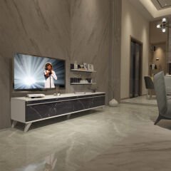 Decoraktiv Eko 4 Mdf Std Retro Tv Ünitesi Tv Sehpası Beyaz - Siyah Mermer