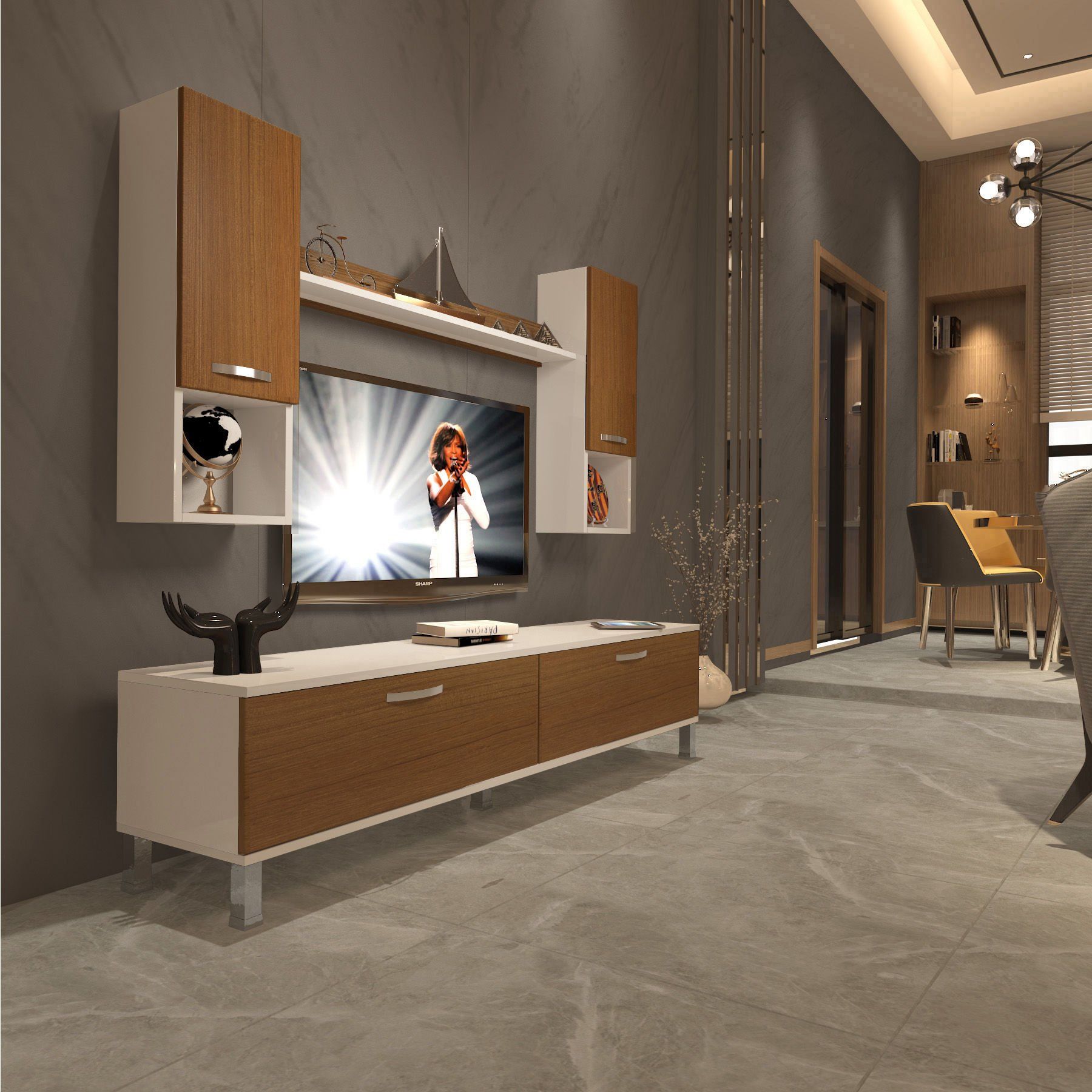 Decoraktiv Eko 5DA Slm Std Krom Ayaklı Tv Ünitesi Tv Sehpası Beyaz - Ceviz