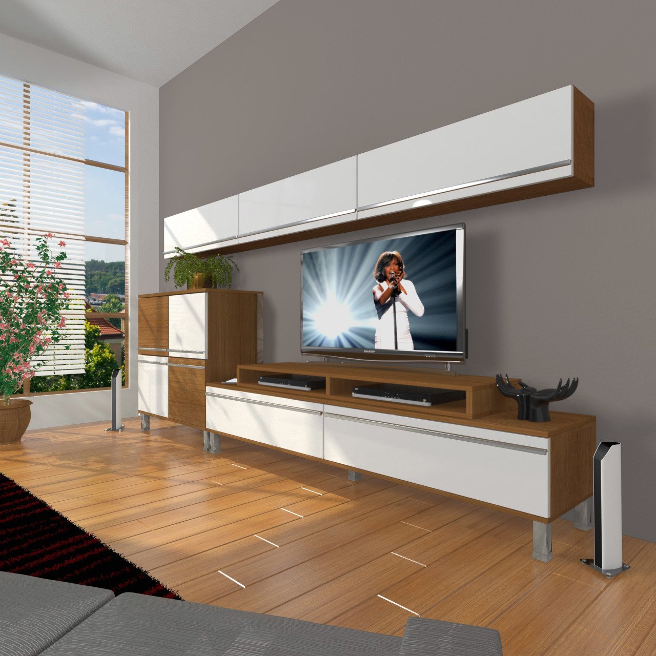 Decoraktiv Ekoflex 8 Mdf Krom Ayaklı Tv Ünitesi Tv Sehpası Ceviz - Beyaz