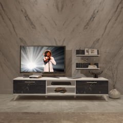 Decoraktiv Eko 4 Mdf Dvd Retro Tv Ünitesi Tv Sehpası Beyaz - Siyah Mermer
