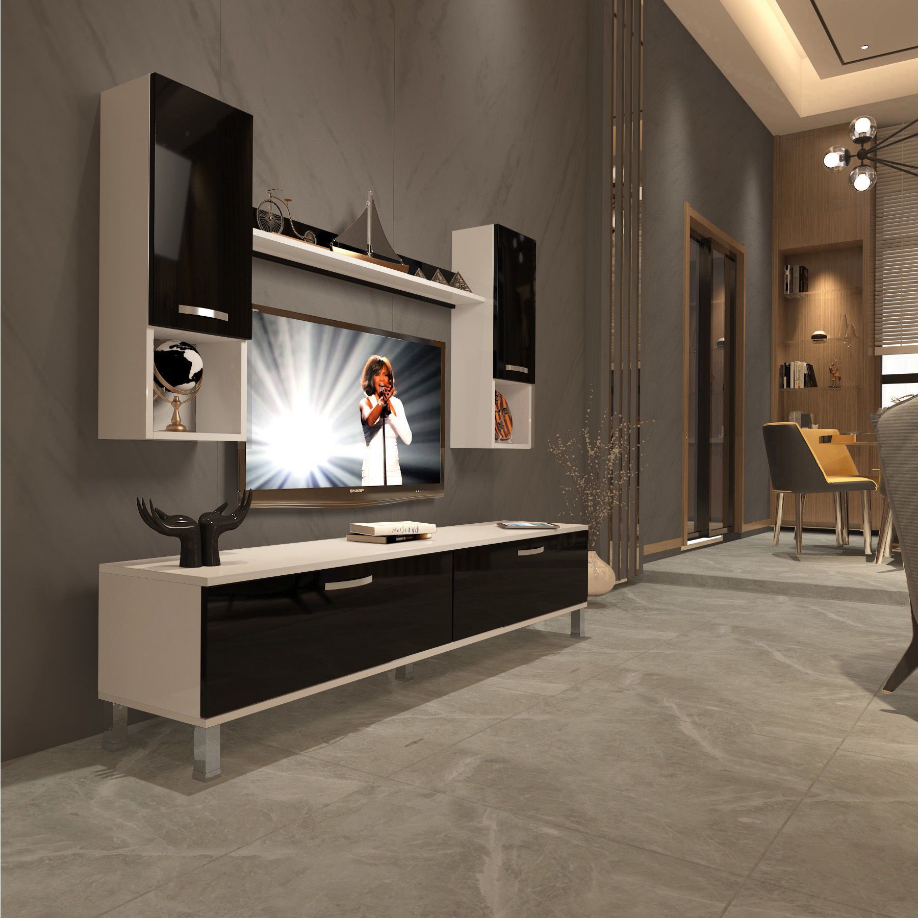 Decoraktiv Eko 5DA Slm Std Krom Ayaklı Tv Ünitesi Tv Sehpası Beyaz - Siyah