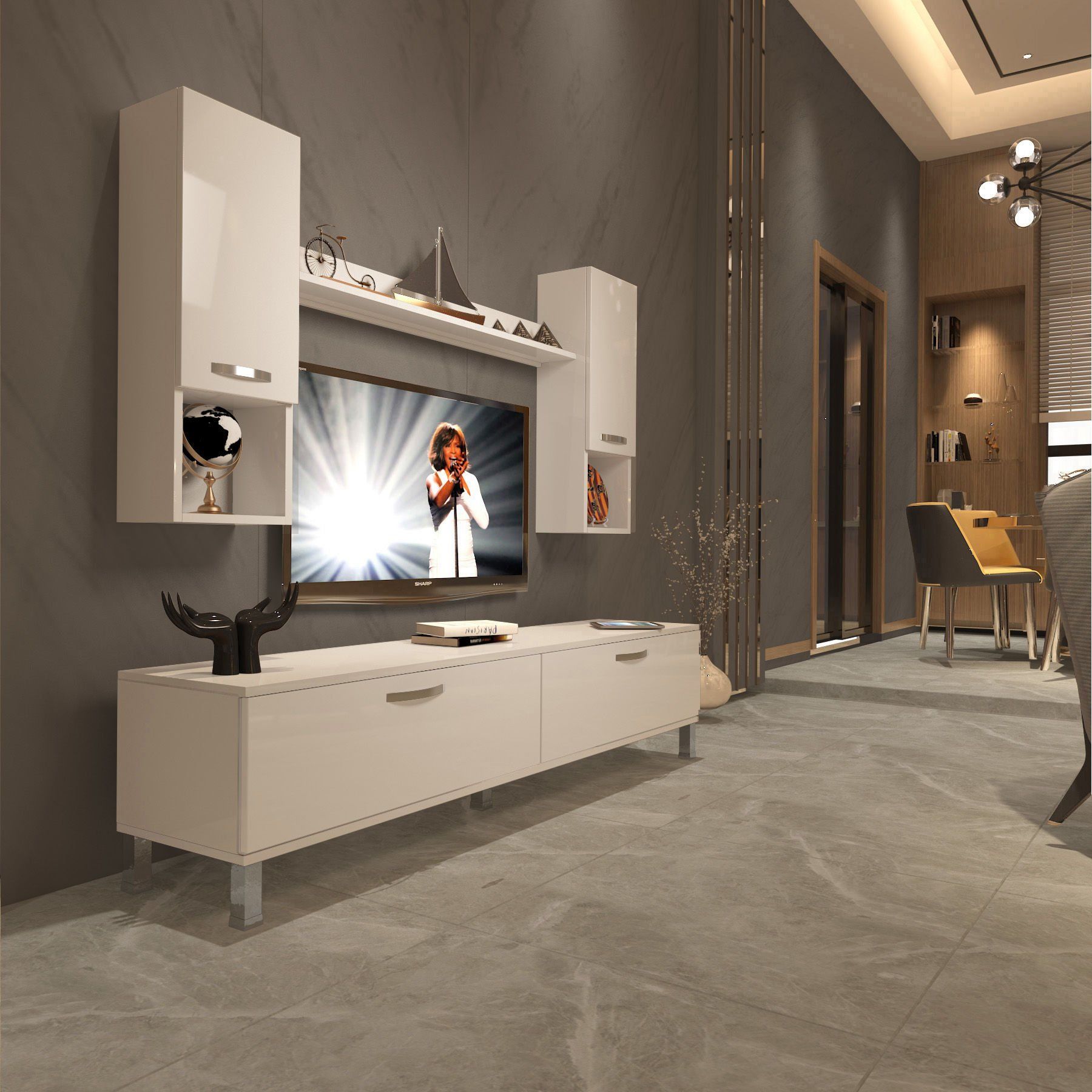 Decoraktiv Eko 5DA Slm Std Krom Ayaklı Tv Ünitesi Tv Sehpası Parlak Beyaz