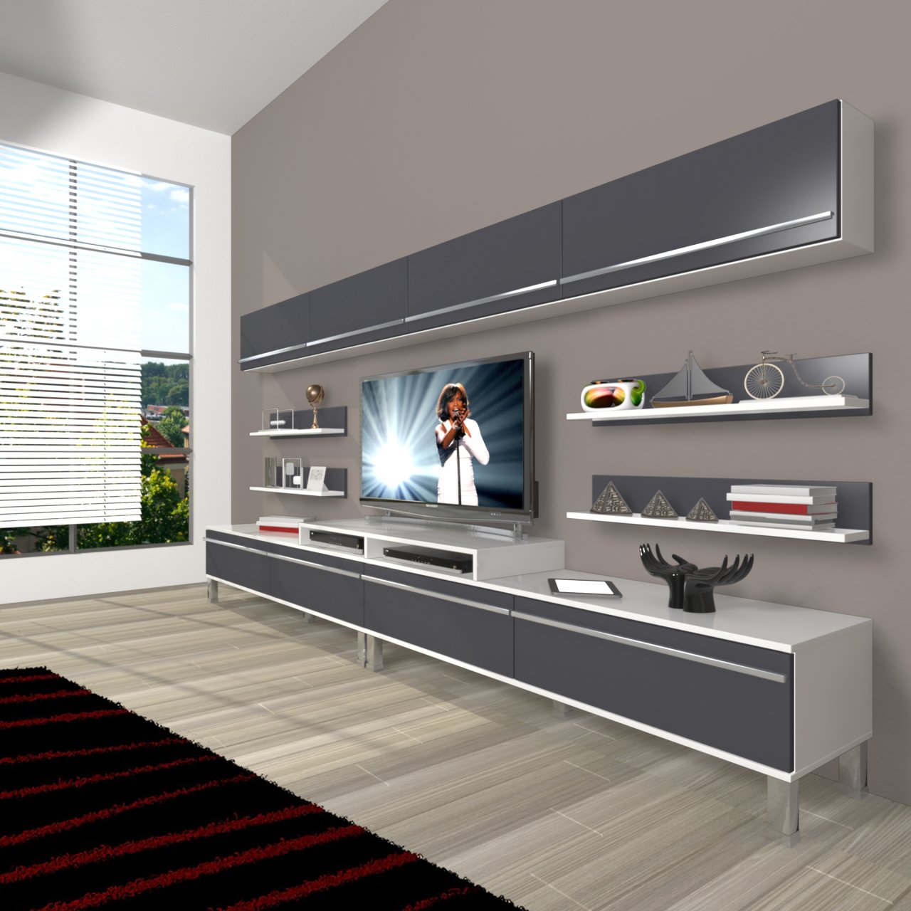 Decoraktiv Ekoflex 360Y Mdf Krom Ayaklı Tv Ünitesi Tv Sehpası Beyaz - Antrasit