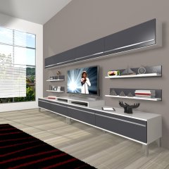 Decoraktiv Ekoflex 360Y Mdf Krom Ayaklı Tv Ünitesi Tv Sehpası Beyaz - Antrasit