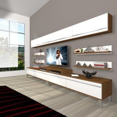 Decoraktiv Ekoflex 360Y Mdf Krom Ayaklı Tv Ünitesi Tv Sehpası Ceviz - Beyaz