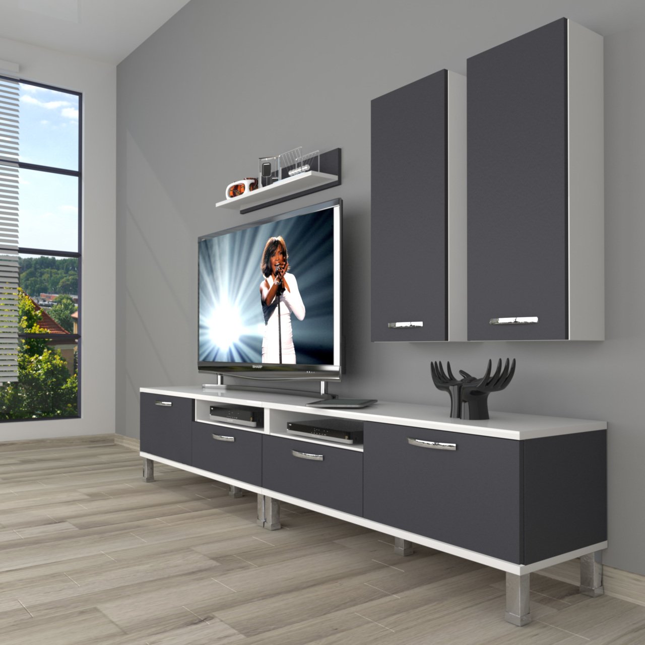 Decoraktiv Eko 5200D Mdf Krom Ayaklı Tv Ünitesi Tv Sehpası Beyaz - Antrasit