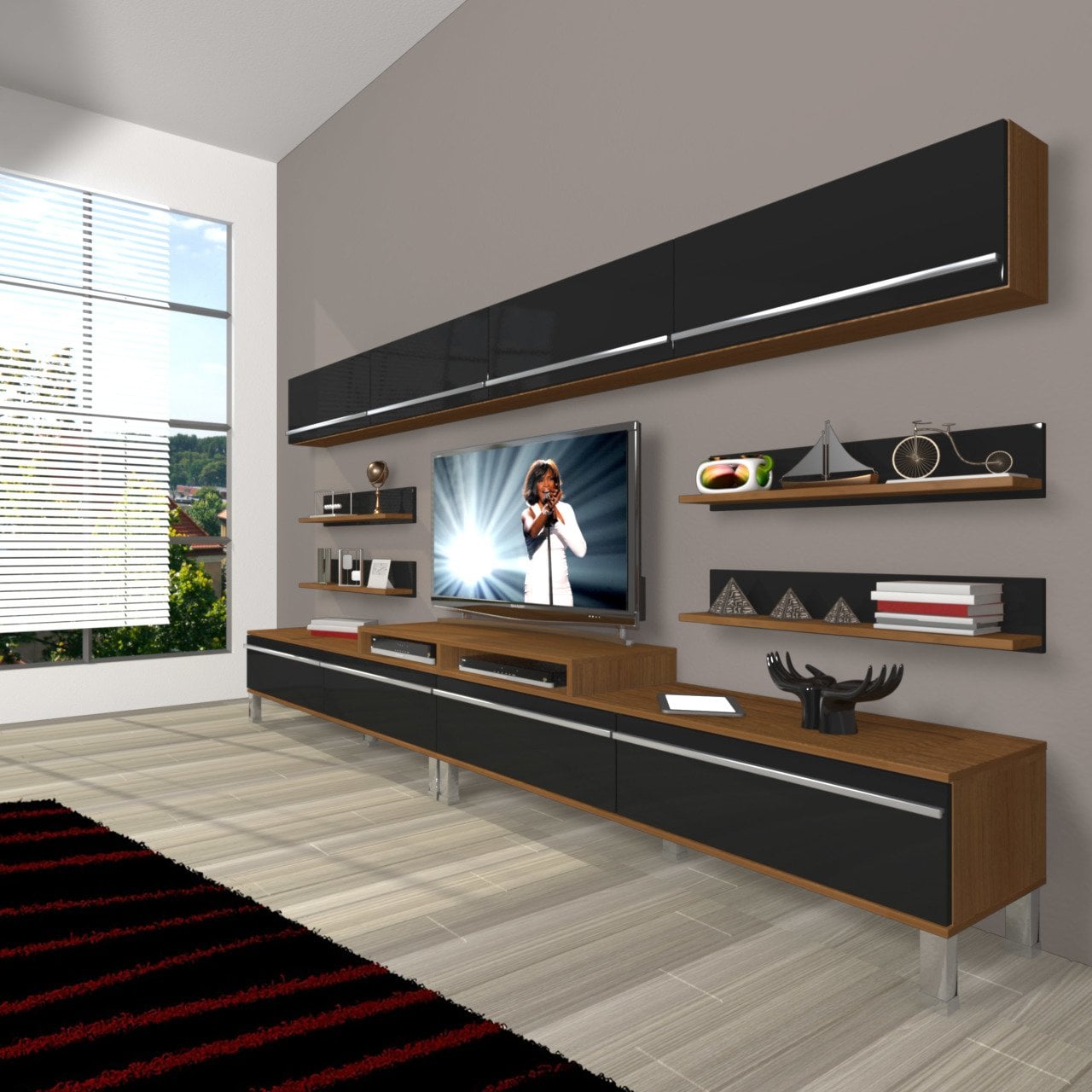 Decoraktiv Ekoflex 360Y Mdf Krom Ayaklı Tv Ünitesi Tv Sehpası Ceviz - Siyah