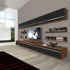 Decoraktiv Ekoflex 360Y Mdf Krom Ayaklı Tv Ünitesi Tv Sehpası Ceviz - Siyah