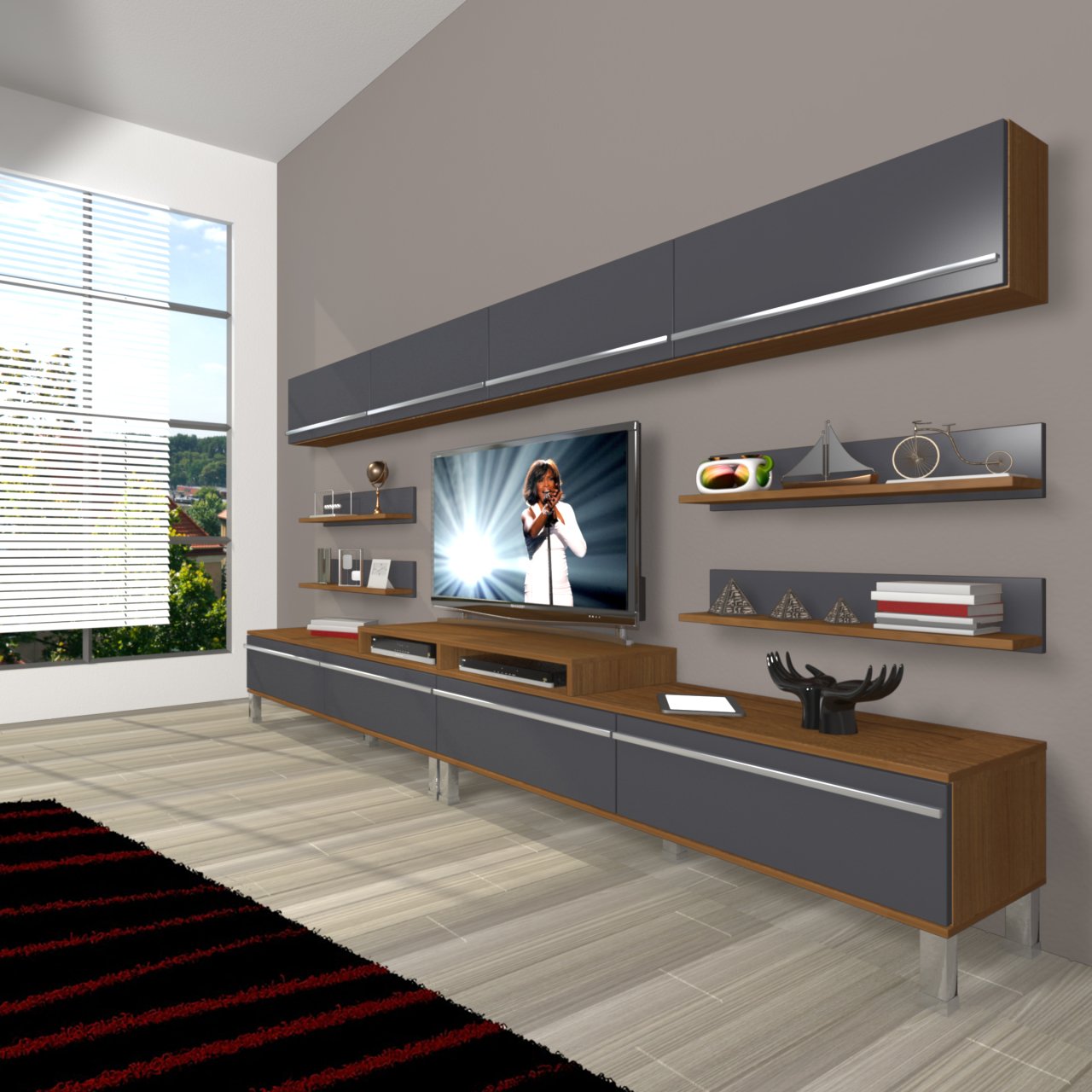 Decoraktiv Ekoflex 360Y Mdf Krom Ayaklı Tv Ünitesi Tv Sehpası Ceviz - Antrasit