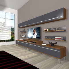 Decoraktiv Ekoflex 360Y Mdf Krom Ayaklı Tv Ünitesi Tv Sehpası Ceviz - Antrasit