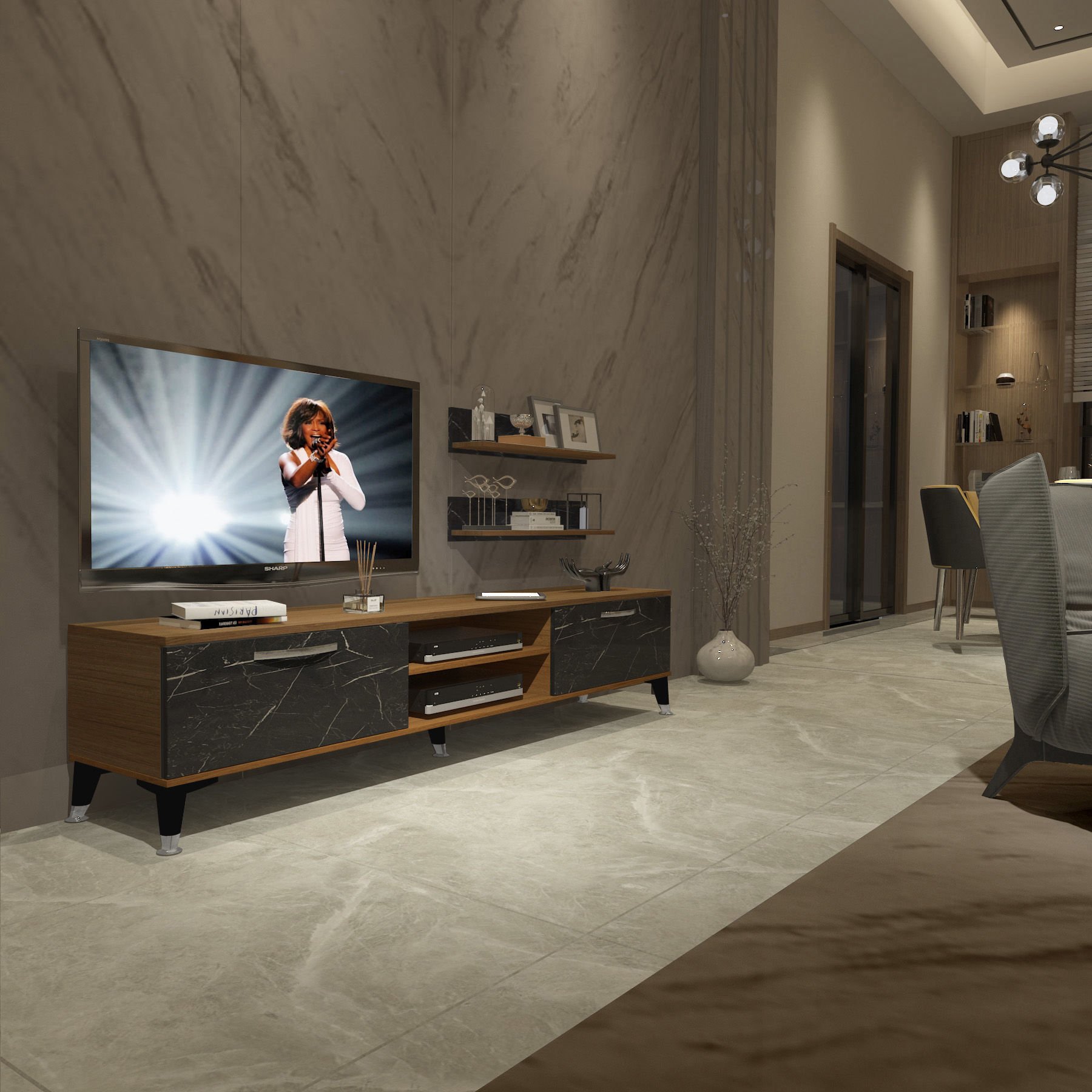 Decoraktiv Eko 4 Mdf Dvd Silver Tv Ünitesi Tv Sehpası Ceviz - Siyah Mermer