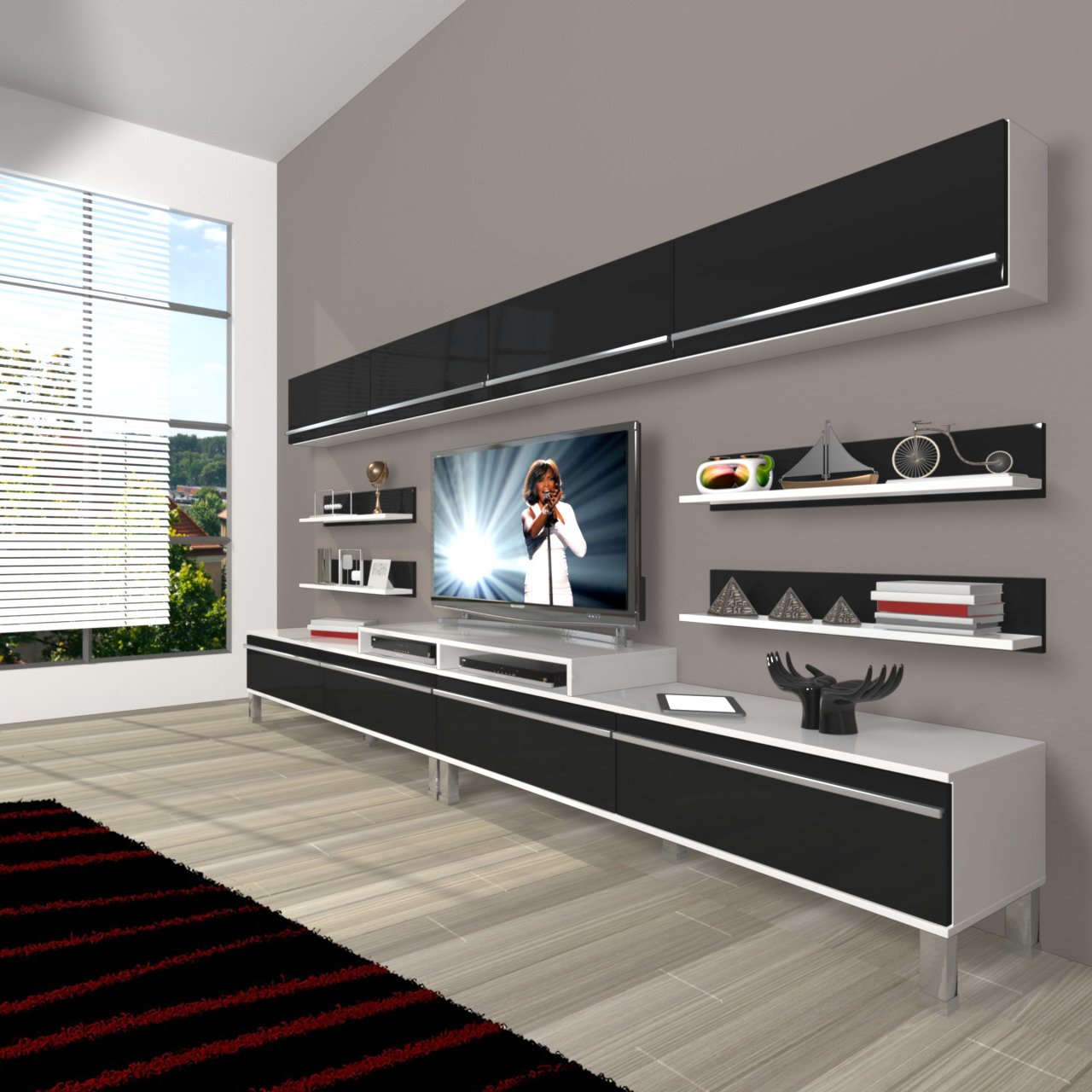 Decoraktiv Ekoflex 360Y Mdf Krom Ayaklı Tv Ünitesi Tv Sehpası Beyaz - Siyah