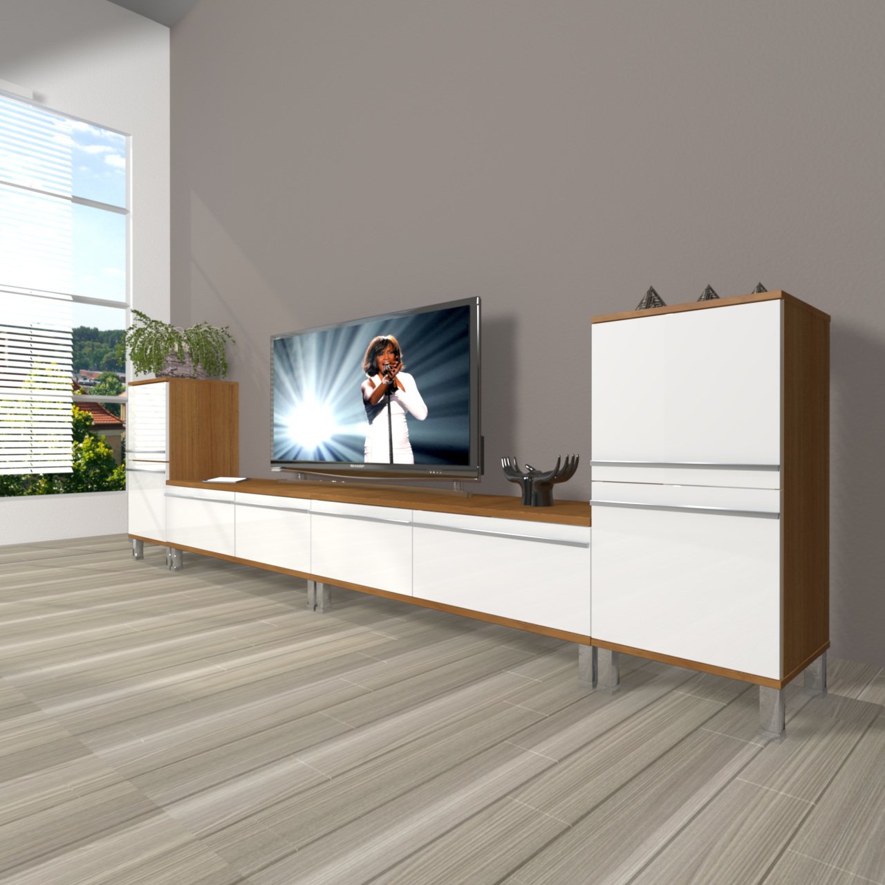 Decoraktiv Eko 9200T Mdf Krom Ayaklı Tv Ünitesi Tv Sehpası Ceviz - Beyaz