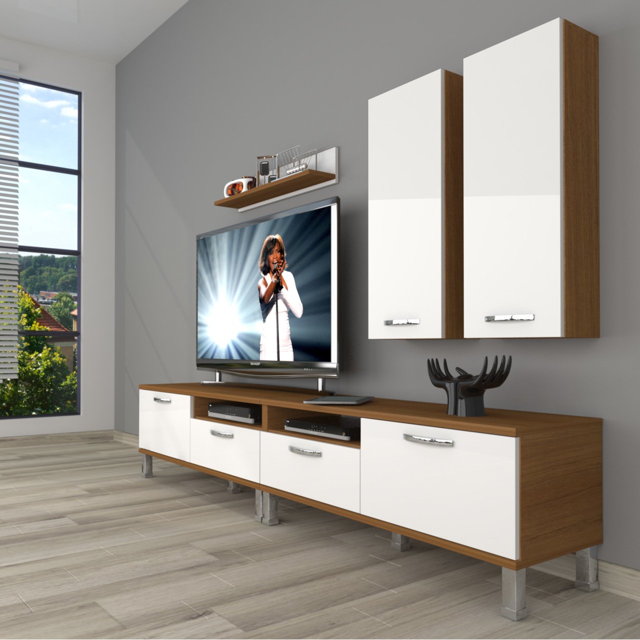Decoraktiv Eko 5200D Mdf Krom Ayaklı Tv Ünitesi Tv Sehpası Ceviz - Beyaz