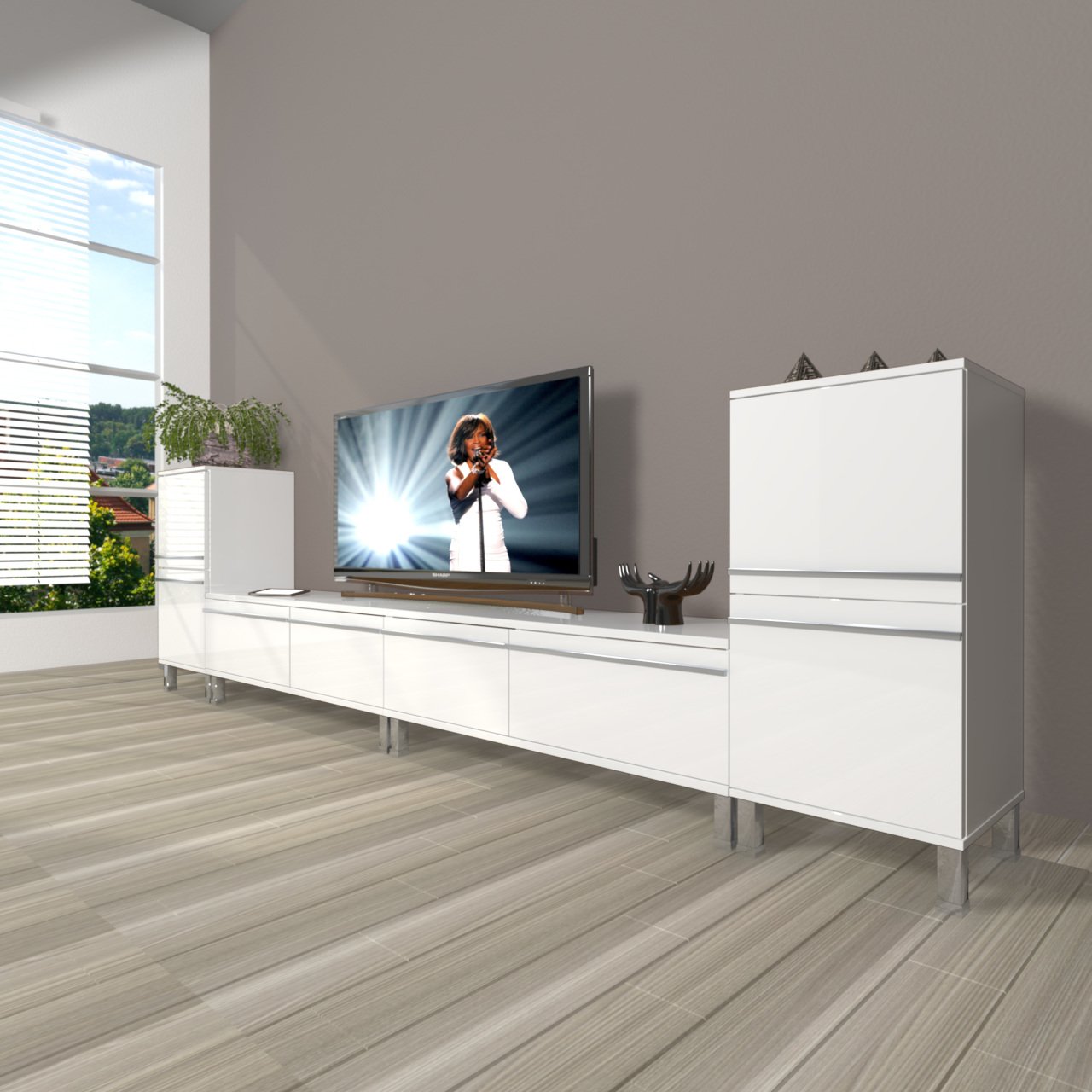 Decoraktiv Eko 9200T Mdf Krom Ayaklı Tv Ünitesi Tv Sehpası Parlak Beyaz