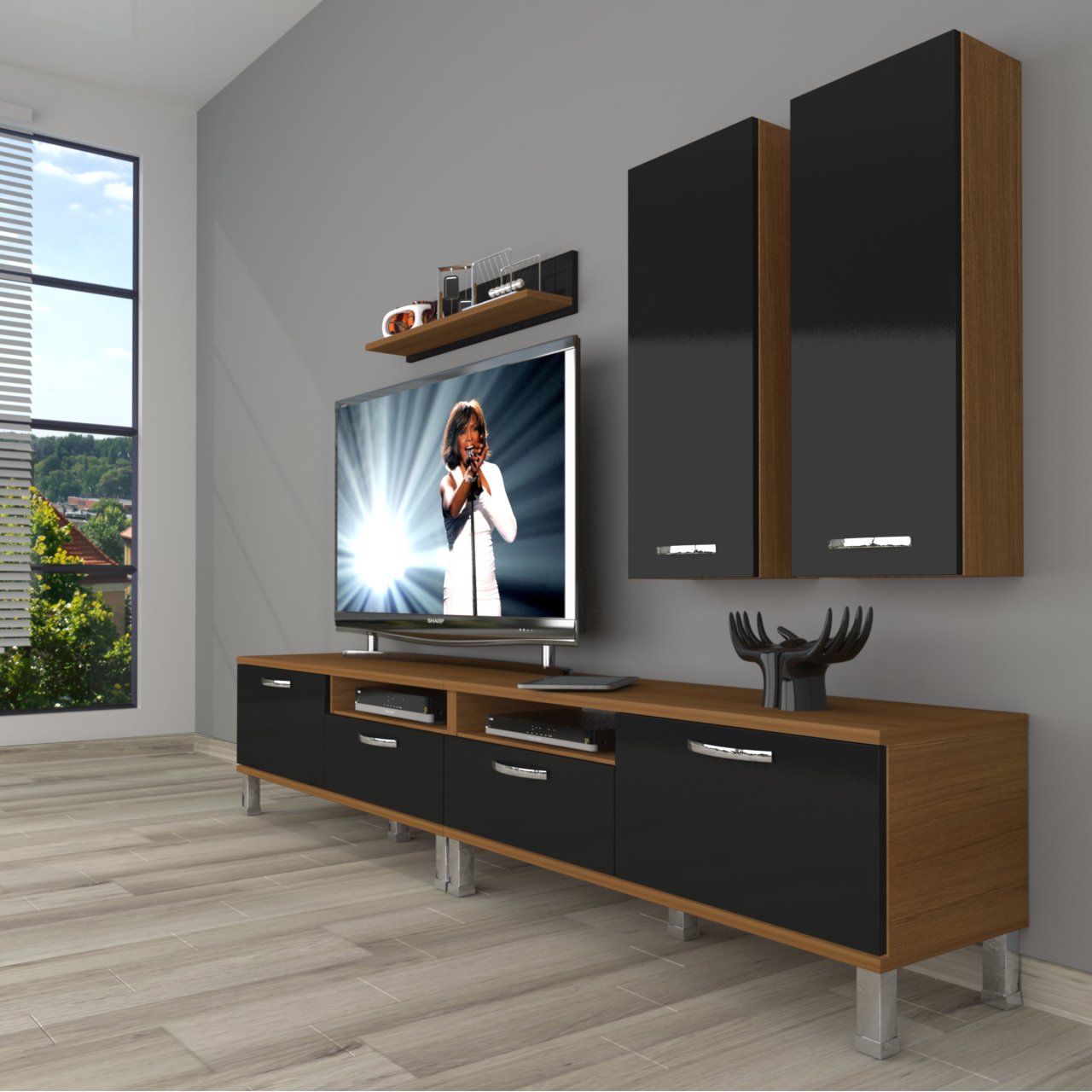 Decoraktiv Eko 5200D Mdf Krom Ayaklı Tv Ünitesi Tv Sehpası Ceviz - Siyah