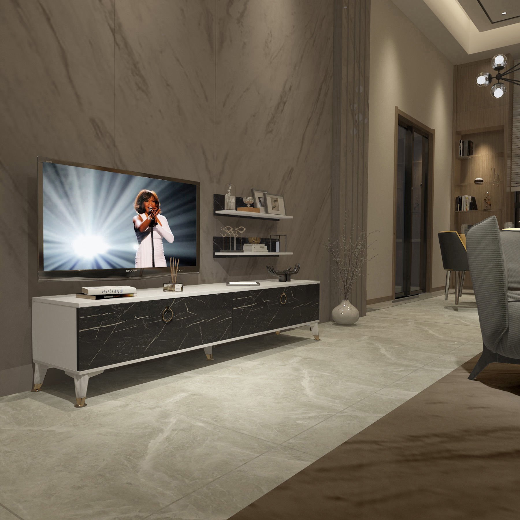 Decoraktiv Eko 4 Mdf Std Gold Tv Ünitesi Tv Sehpası Beyaz - Siyah Mermer
